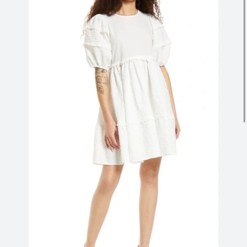 Vera Moda Heidi Textured Puff Sleeve Babydoll Dress In Snow White